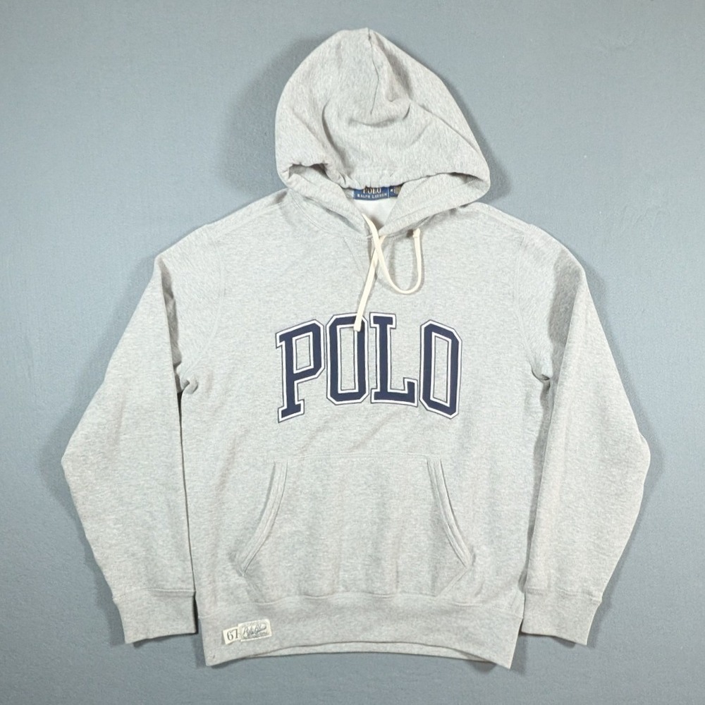 Polo Ralph Lauren Hoodie Mens Medium Gray Spellout Logo Fleece Sweatshirt